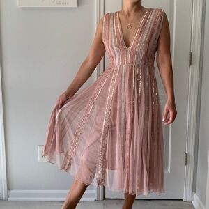 ASOS SALON Sequin Mesh Fit and Flare Midi Dress dress‎ pink beaded size 2 prom